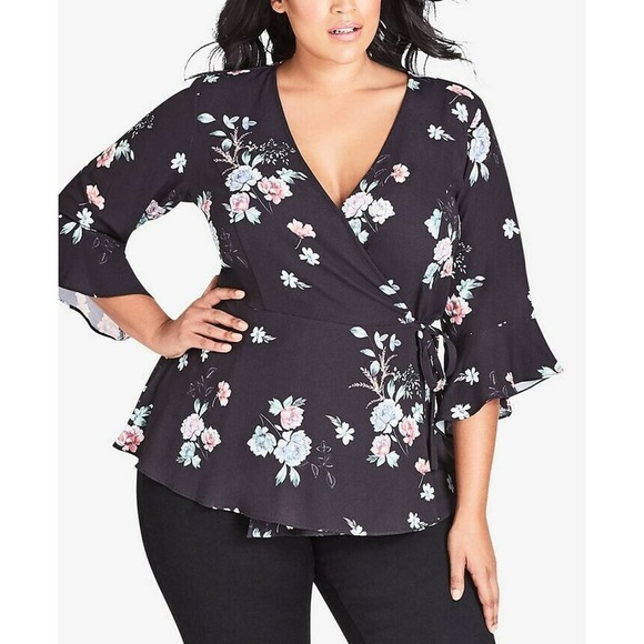 City Chic Tops - NEW City Chic Black Floral Printed Wrap Blouse Ruffle Sleeve Vneck Boho Size 18